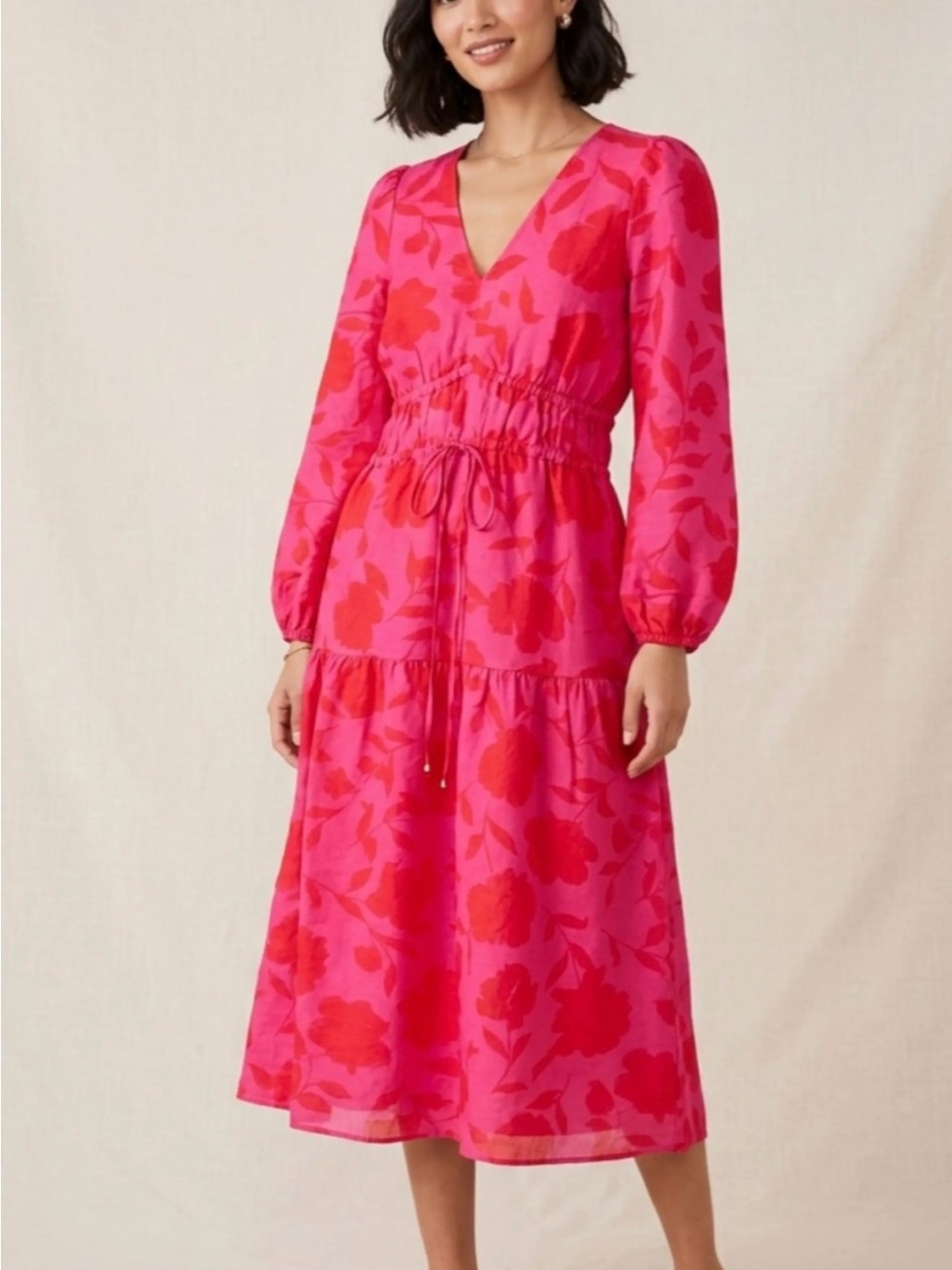 kate spade Pink and Red Floral V-Neck Drawstring Midi Dress Size Small